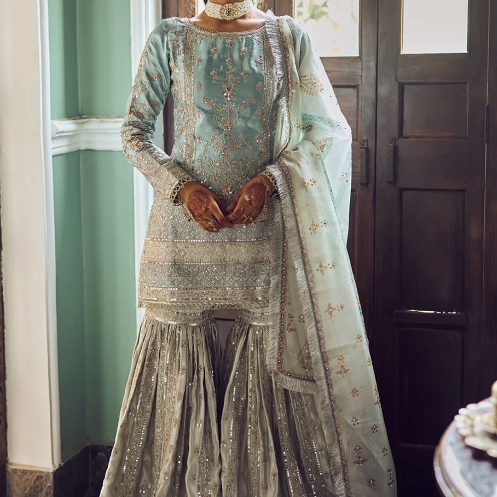 Lashkaraa Dusty Blue and Grey Embroidered Gharara Suit Indian Outfit